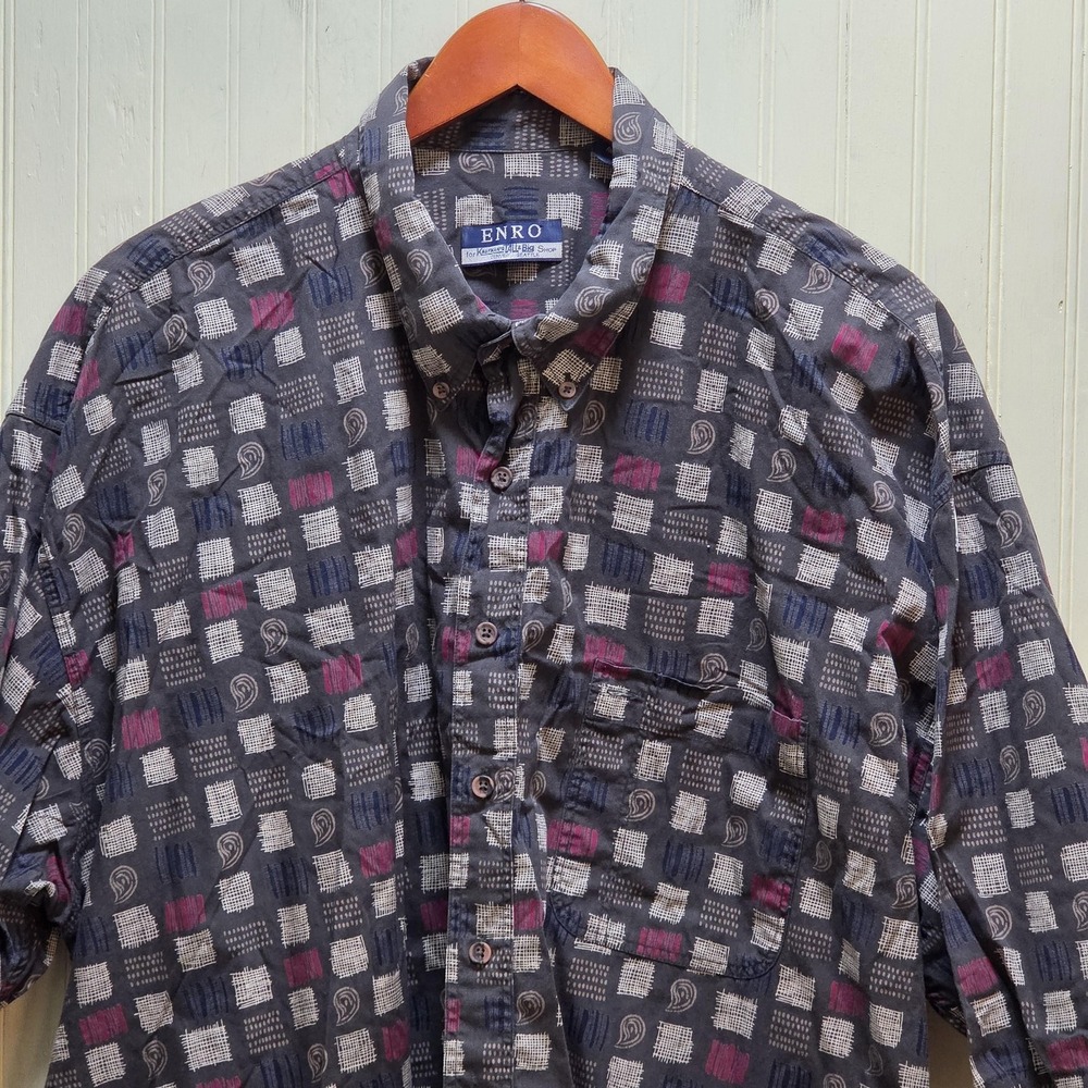 Vintage ENRO Shirt Mens 3XLT Gray Geometric Short Sleeve Button Front Casual